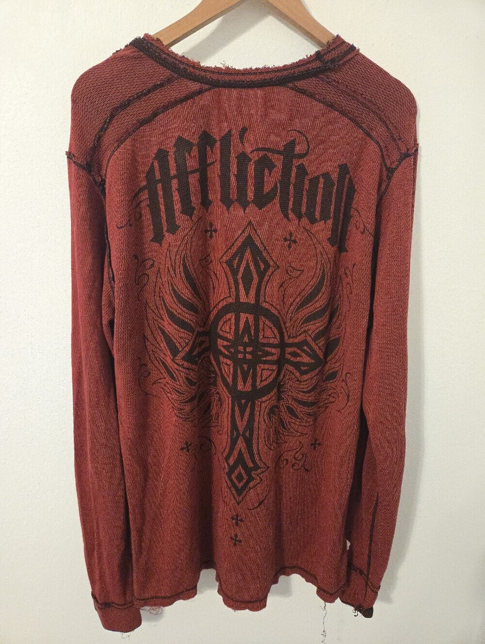 Vintage Affliction Reversible Thermal Shirt Mens XXL Wings Cross Y2K Grunge MMA - Picture 2 of 10